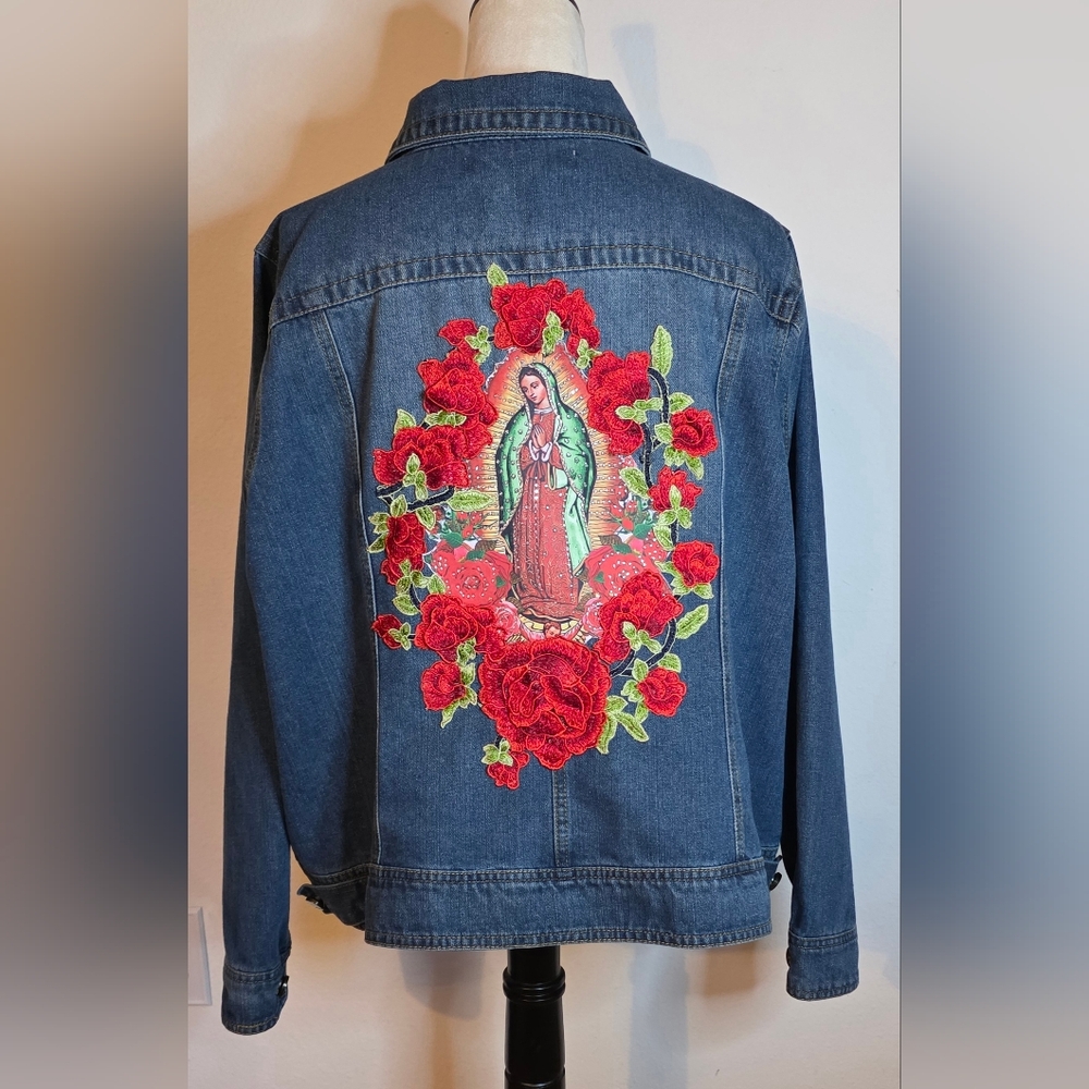 Virgen De Guadalupe denim Blue jacket Sz 3X /embroidered 3D Apliques Rhinestones